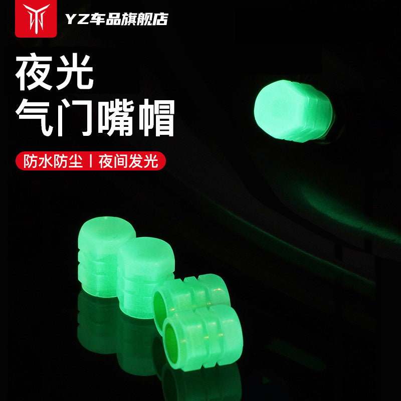 DRIVON glow LED tire valve caps set installed on wheel (view 4)