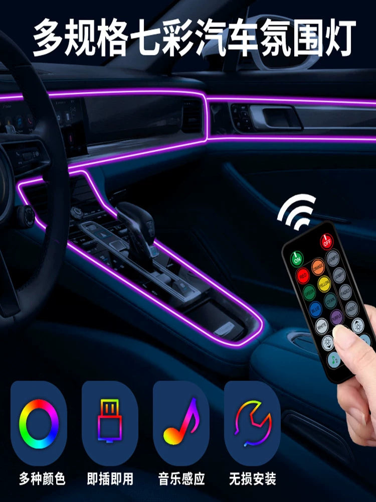 DRIVON wireless RGB ambient light bar glowing inside car interior (view 1)