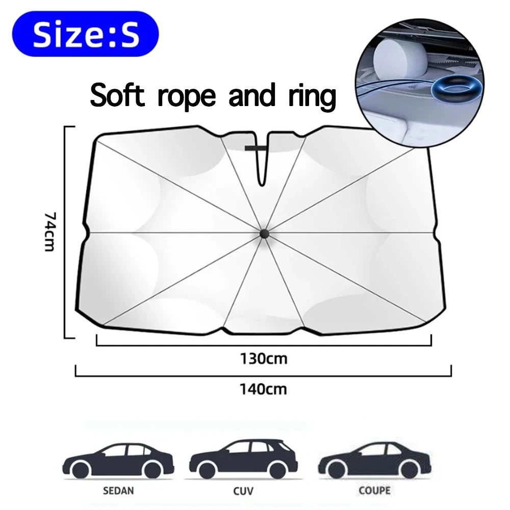 DRIVON foldable umbrella-style windshield sun shade installed on car dashboard (view 17)