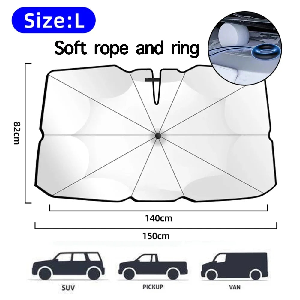 DRIVON foldable umbrella-style windshield sun shade installed on car dashboard (view 20)