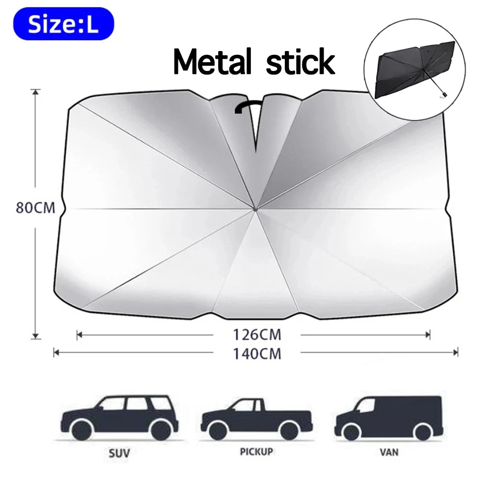 DRIVON foldable umbrella-style windshield sun shade installed on car dashboard (view 15)